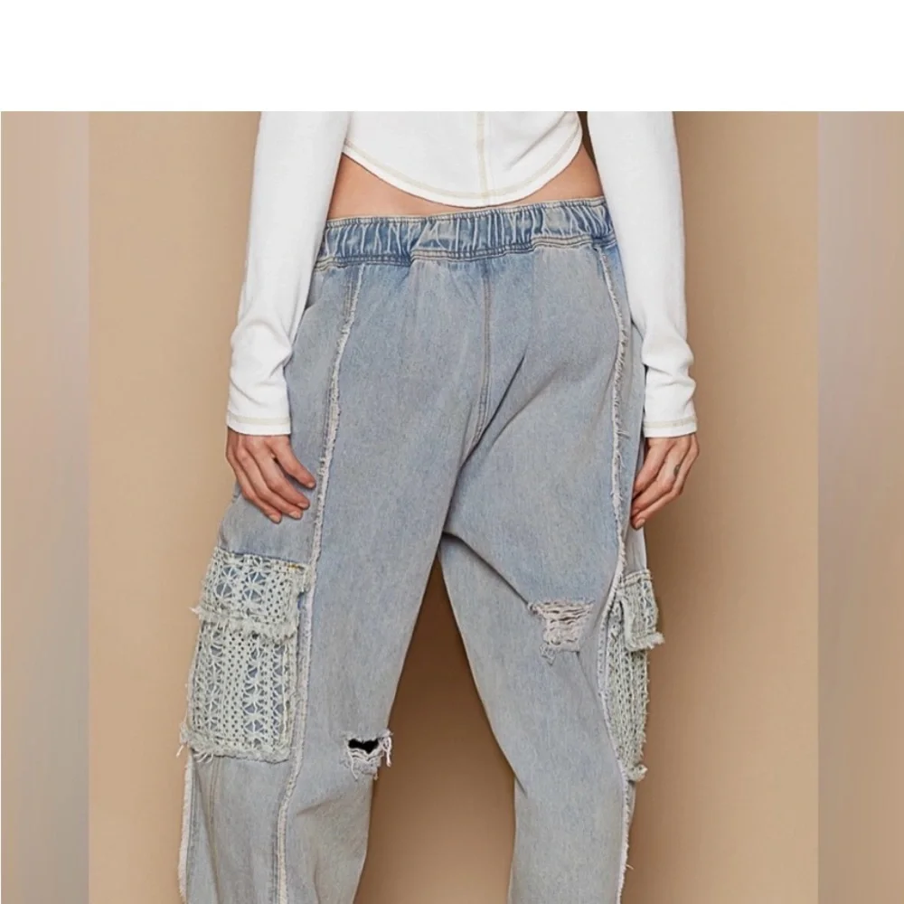 POL Women's Light Blue Jeans with Lace crochet Detail Rebel Joggers Sz S - Picture 2 of 11